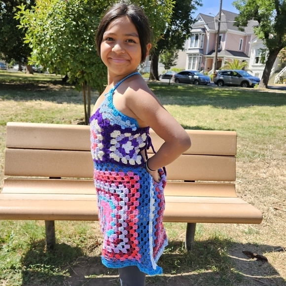 Hand Crafted crochet halter top split dress open back swim coverup multicolored - Picture 14 of 17